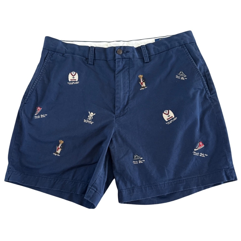Polo Ralph Lauren Shorts Mens 34 6" Navy Embroidered Polo Bear Chino Preppy Rare
